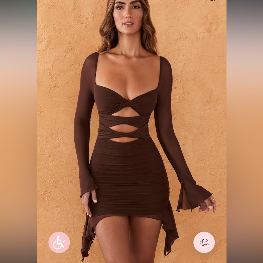 OhPolly ZEHRA Twist Cut Out Long Sleeve Mini Dress in Chocolate Small 6